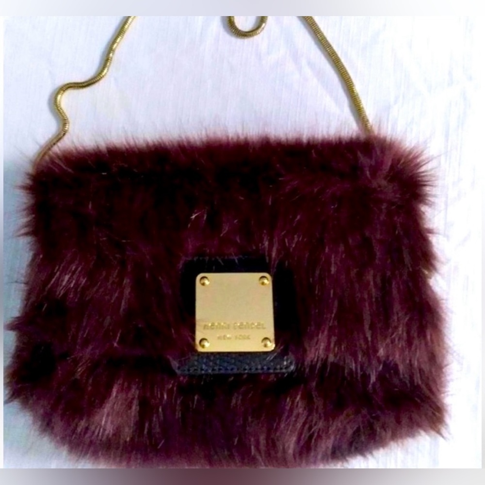 henri bendel Burgundy Faux Fur Crossbody Bag with Gold Chain